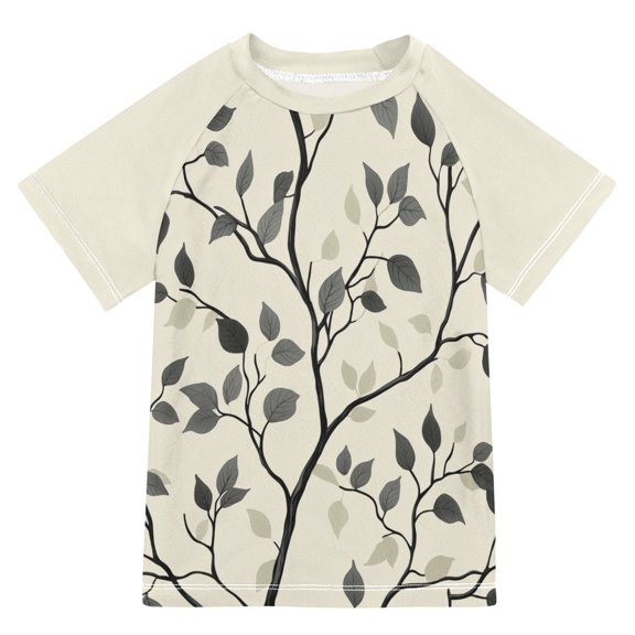 FORMRS Boys Rash Guard with Short Sleeves UPF 50  Swim Shirts Sizes 3-12T, Leaves Pattern