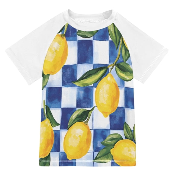 FORMRS Boys Rash Guard with Short Sleeves UPF 50+ Swim Shirts Sizes 3-12T, Lemon Checkered