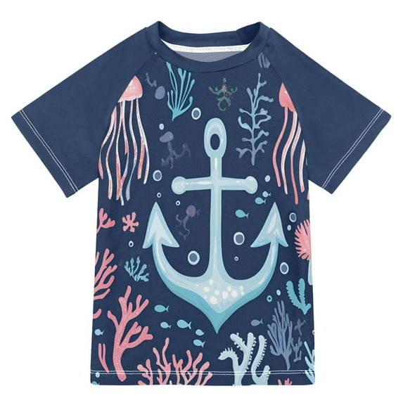 FORMRS Boys Rash Guard with Short Sleeves UPF 50+ Swim Shirts Sizes 3-12T, Light Blue Anchor