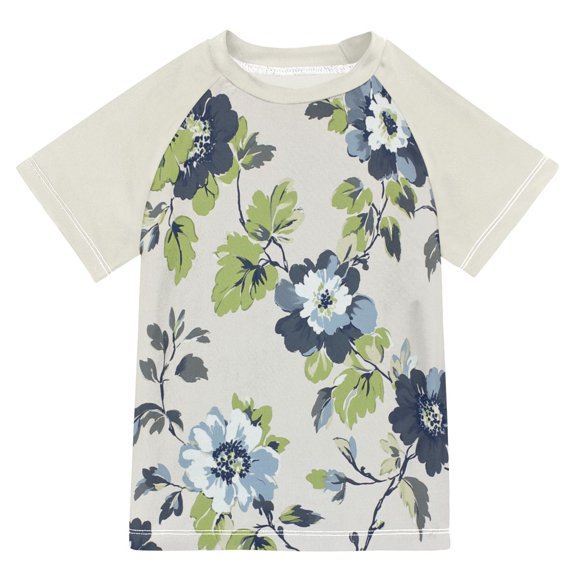 FORMRS Boys Rash Guard with Short Sleeves UPF 50  Swim Shirts Sizes 3-12T, Light Floral Pattern