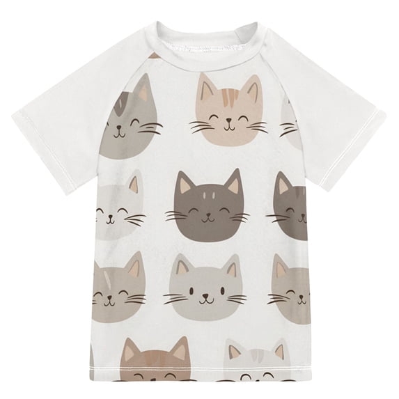 FORMRS Boys Rash Guard Short Sleeves Swim Shirt Quick Dry UPF 50+ Sun Protection, Sizes 3-12T, Light Gray Cat Pattern