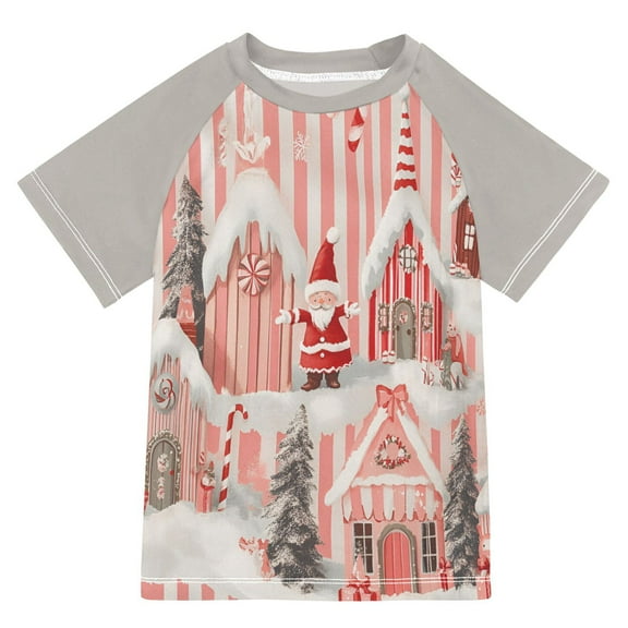 FORMRS Boys Rash Guard with Short Sleeves UPF 50  Swim Shirts Sizes 3-12T, Light Pink Gingerbread Houses