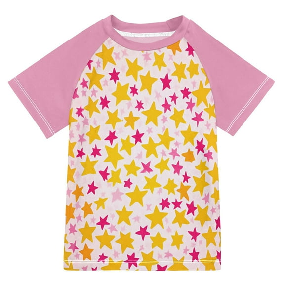 FORMRS Boys Rash Guard with Short Sleeves UPF 50+ Swim Shirts Sizes 3-12T, Light Pink Stars