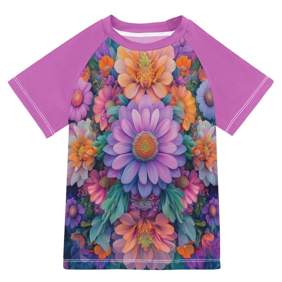 FORMRS Boys Rash Guard Short Sleeves Swim Shirt Quick Dry UPF 50+ Sun Protection, Sizes 3-12T, Light Purple Flowers
