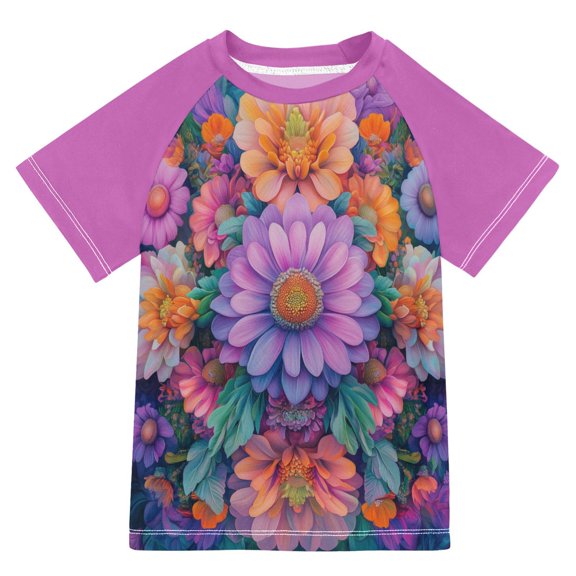 FORMRS Boys Rash Guard with Short Sleeves UPF 50 Swim Shirts Sizes 3-12T, Light Purple Flowers