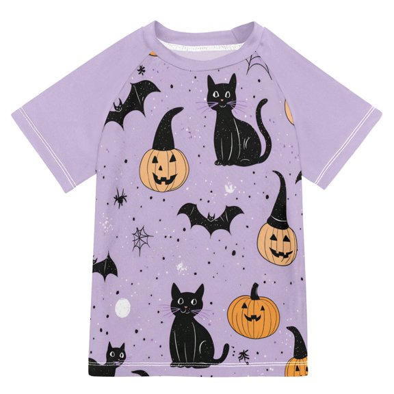 FORMRS Boys Rash Guard with Short Sleeves UPF 50 Swim Shirts Sizes 3-12T, Light Purple Halloween Black Cat