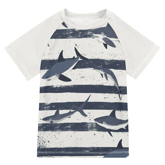 FORMRS Boys Rash Guard Short Sleeves Swim Shirt Quick Dry UPF 50+ Sun Protection, Sizes 3-12T, Light Sharks