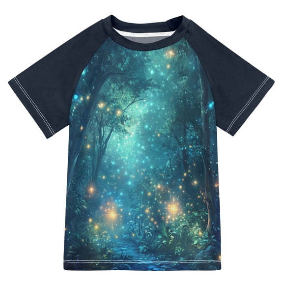 FORMRS Boys Rash Guard with Short Sleeves UPF 50  Swim Shirts Sizes 3-12T, Magical Forest Glowing Lights
