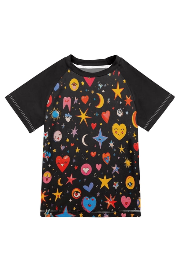 Boys Rash Guard with Short Sleeves UPF 50+ Swim Shirts Sizes 3-12T, Moon Pattern