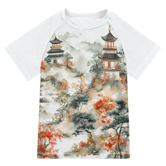 FORMRS Boys Rash Guard with Short Sleeves UPF 50  Swim Shirts Sizes 3-12T, Mountain Pattern