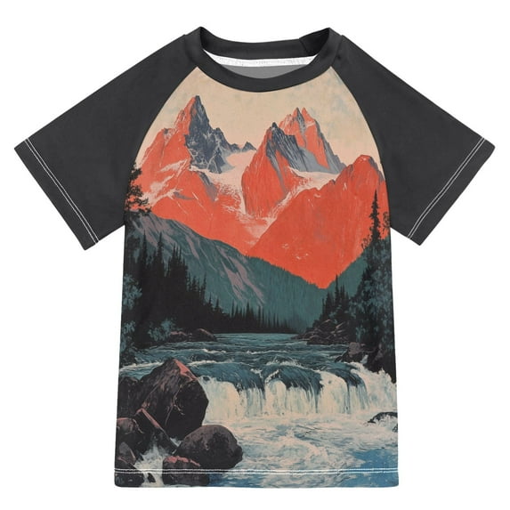 FORMRS Boys Rash Guard with Short Sleeves UPF 50+ Swim Shirts Sizes 3-12T, Mountains at Dawn