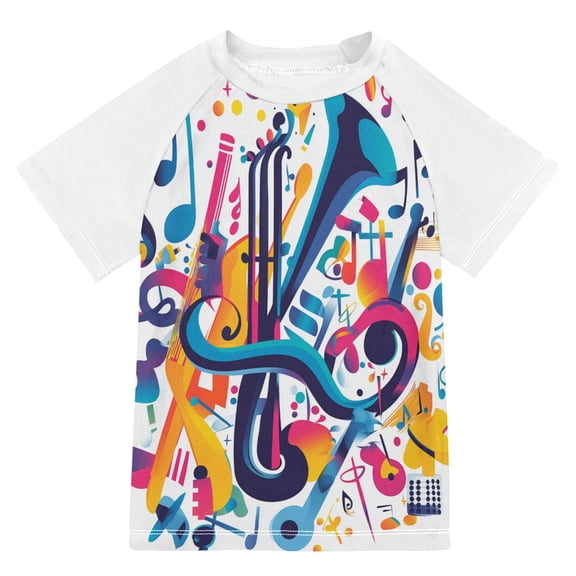 FORMRS Boys Rash Guard with Short Sleeves UPF 50  Swim Shirts Sizes 3-12T, Musical Pattern