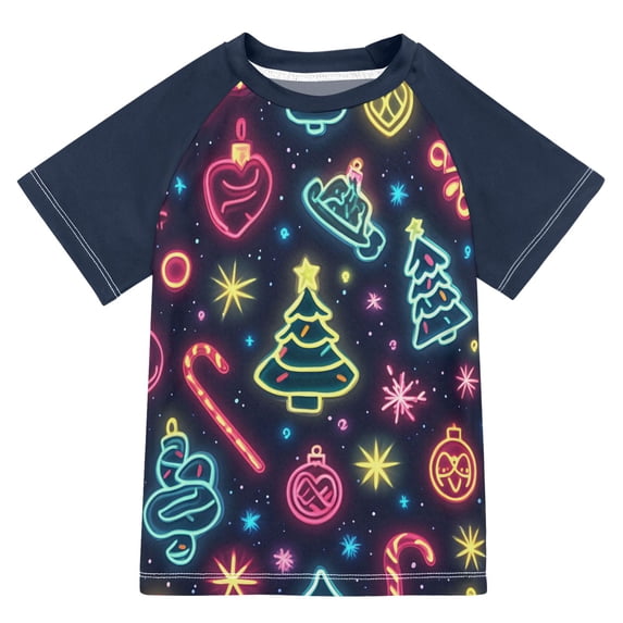 FORMRS Boys Rash Guard Short Sleeves Swim Shirt Quick Dry UPF 50+ Sun Protection, Sizes 3-12T, Neon Christmas