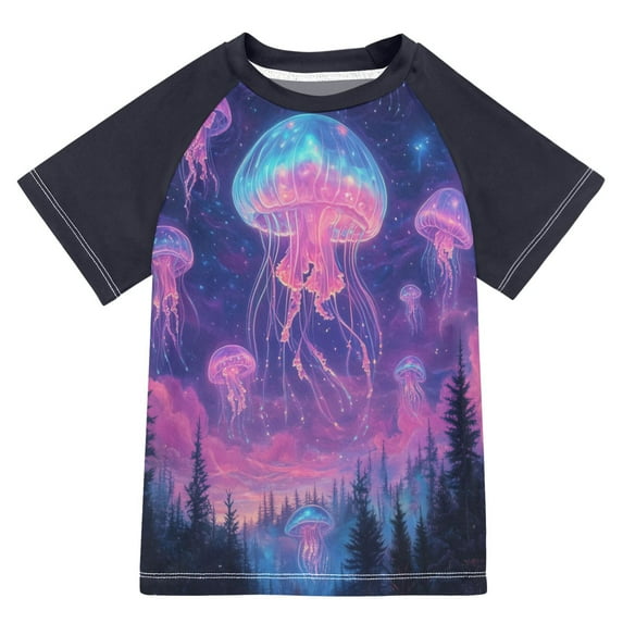 FORMRS Boys Rash Guard with Short Sleeves UPF 50+ Swim Shirts Sizes 3-12T, Neon Jellyfish