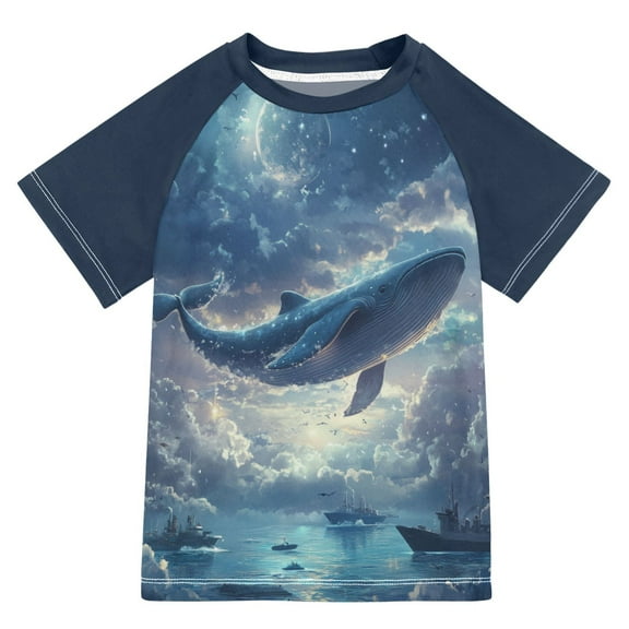 FORMRS Boys Rash Guard with Short Sleeves UPF 50+ Swim Shirts Sizes 3-12T, Night Floating Whale