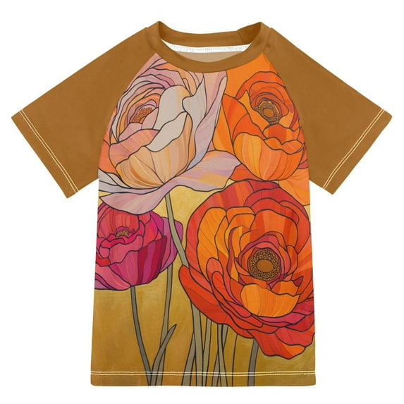 FORMRS Boys Rash Guard with Short Sleeves UPF 50+ Swim Shirts Sizes 3-12T, Orange Abstract Floral