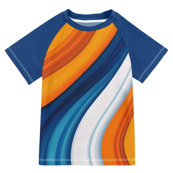 FORMRS Boys Rash Guard with Short Sleeves UPF 50 Swim Shirts Sizes 3-12T, Orange Abstract Wavy
