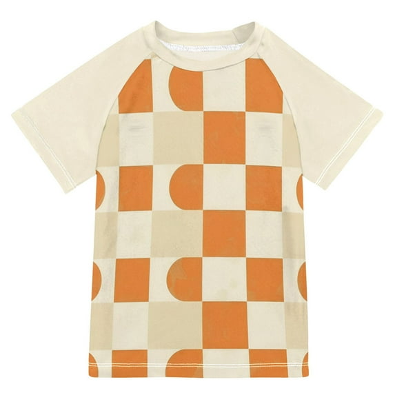 FORMRS Boys Rash Guard Short Sleeves Swim Shirt Quick Dry UPF 50+ Sun Protection, Sizes 3-12T, Orange Checkered Pattern