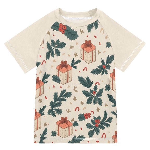 FORMRS Boys Rash Guard with Short Sleeves UPF 50  Swim Shirts Sizes 3-12T, Orange Christmas Gift Pattern