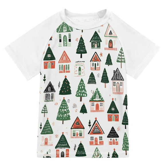 FORMRS Boys Rash Guard with Short Sleeves UPF 50+ Swim Shirts Sizes 3-12T, Orange Christmas House