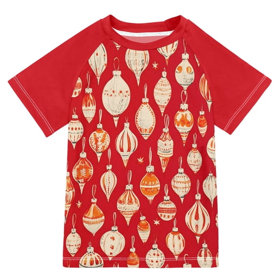 FORMRS Boys Rash Guard Short Sleeves Swim Shirt Quick Dry UPF 50+ Sun Protection, Sizes 3-12T, Orange Christmas Ornaments Pattern