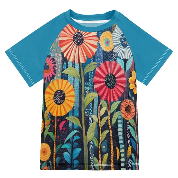 FORMRS Boys Rash Guard Short Sleeves Swim Shirt Quick Dry UPF 50+ Sun Protection, Sizes 3-12T, Orange Colorful Flowers
