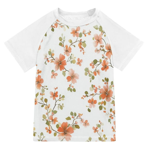 FORMRS Boys Rash Guard with Short Sleeves UPF 50+ Swim Shirts Sizes 3-12T, Orange Floral Blooms
