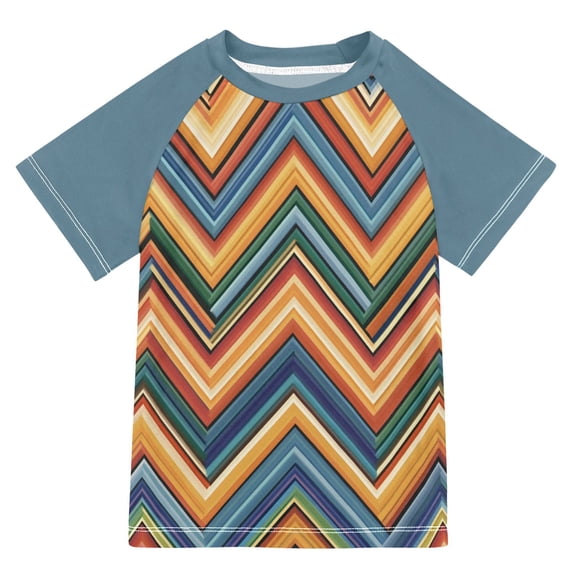 FORMRS Boys Rash Guard Short Sleeves Swim Shirt Quick Dry UPF 50+ Sun Protection, Sizes 3-12T, Orange Geometric