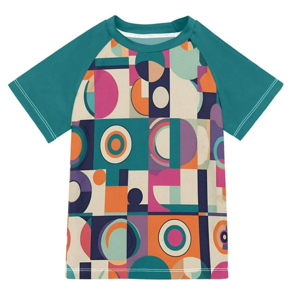 FORMRS Boys Rash Guard with Short Sleeves UPF 50  Swim Shirts Sizes 3-12T, Orange Geometric