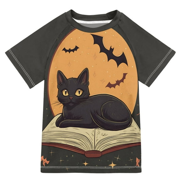 FORMRS Boys Rash Guard with Short Sleeves UPF 50  Swim Shirts Sizes 3-12T, Orange Halloween Cat