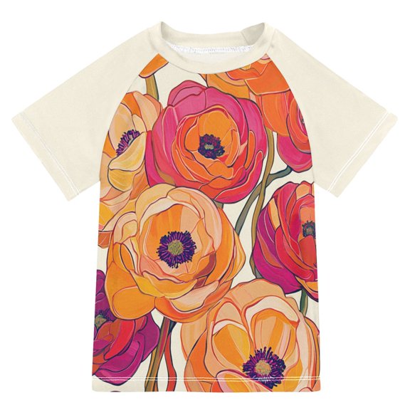 FORMRS Boys Rash Guard with Short Sleeves UPF 50 Swim Shirts Sizes 3-12T, Orange Hand Drawn Floral