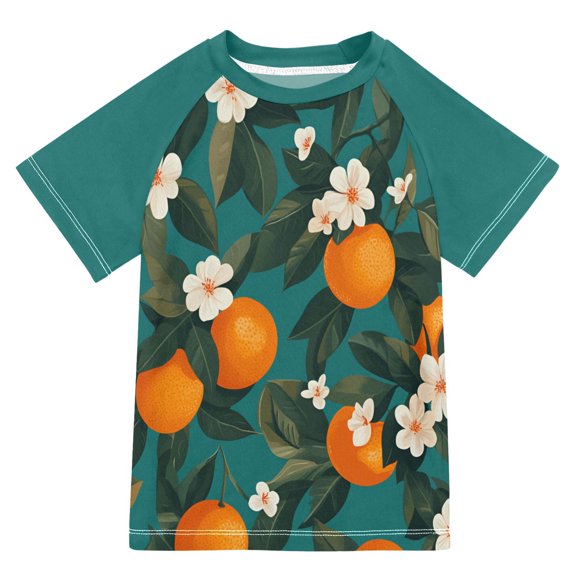 FORMRS Boys Rash Guard with Short Sleeves UPF 50  Swim Shirts Sizes 3-12T, Orange Leaves