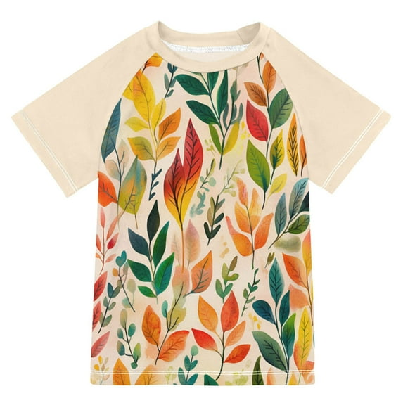 FORMRS Boys Rash Guard with Short Sleeves UPF 50+ Swim Shirts Sizes 3-12T, Orange Leaves