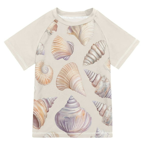 FORMRS Boys Rash Guard with Short Sleeves UPF 50+ Swim Shirts Sizes 3-12T, Orange Watercolor Seashells