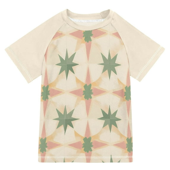 FORMRS Boys Rash Guard with Short Sleeves UPF 50+ Swim Shirts Sizes 3-12T, Pastel Beige Geometric