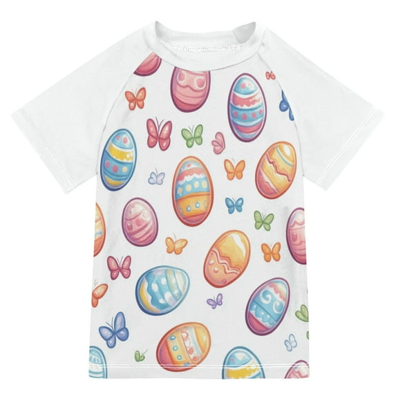 FORMRS Boys Rash Guard Short Sleeves Swim Shirt Quick Dry UPF 50+ Sun Protection, Sizes 3-12T, Pastel Easter Pattern