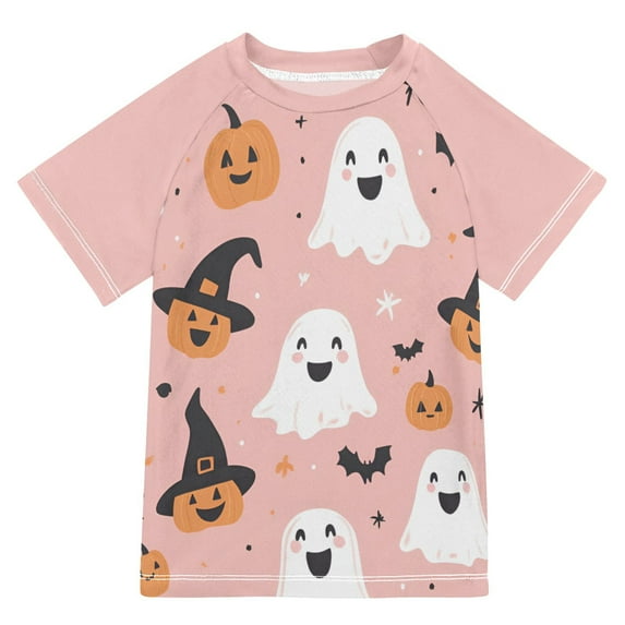 FORMRS Boys Rash Guard with Short Sleeves UPF 50+ Swim Shirts Sizes 3-12T, Pastel Pink Halloween