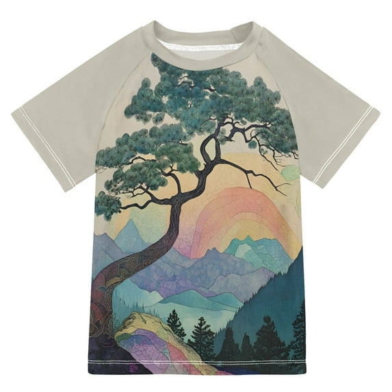 FORMRS Boys Rash Guard Short Sleeves Swim Shirt Quick Dry UPF 50+ Sun Protection, Sizes 3-12T, Pine Tree Rainbow