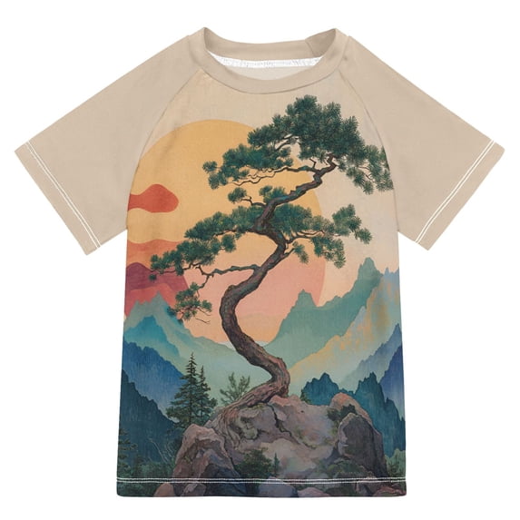 FORMRS Boys Rash Guard Short Sleeves Swim Shirt Quick Dry UPF 50+ Sun Protection, Sizes 3-12T, Pine Tree at Dawn