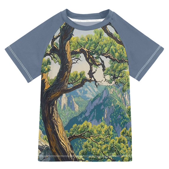 FORMRS Boys Rash Guard Short Sleeves Swim Shirt Quick Dry UPF 50+ Sun Protection, Sizes 3-12T, Pine Tree