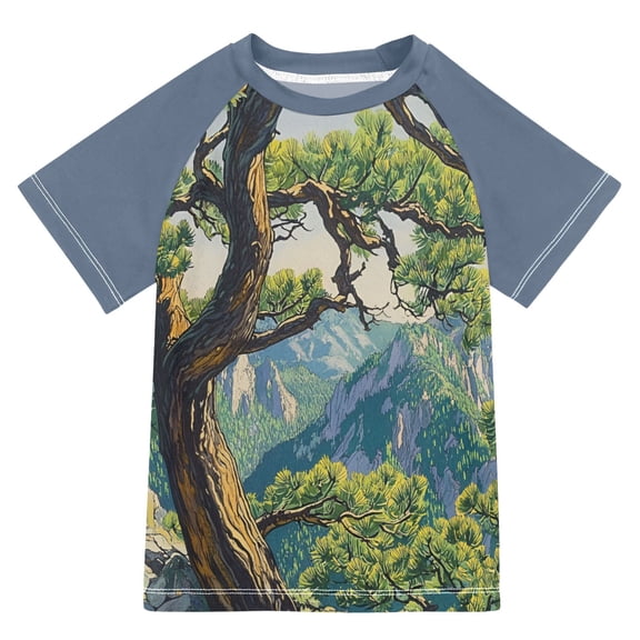 FORMRS Boys Rash Guard with Short Sleeves UPF 50  Swim Shirts Sizes 3-12T, Pine Tree