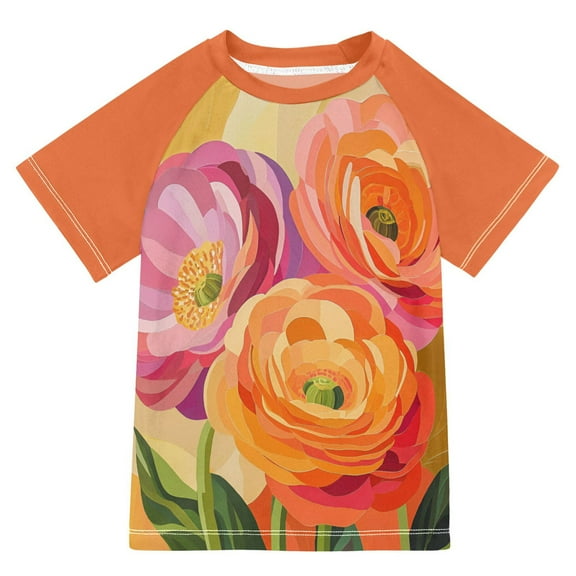 FORMRS Boys Rash Guard with Short Sleeves UPF 50  Swim Shirts Sizes 3-12T, Pink Abstract Floral