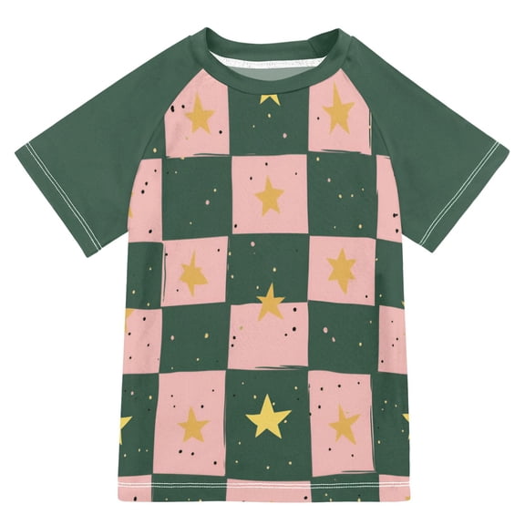 FORMRS Boys Rash Guard with Short Sleeves UPF 50  Swim Shirts Sizes 3-12T, Pink Abstract