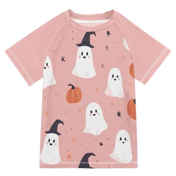 FORMRS Boys Rash Guard with Short Sleeves UPF 50 Swim Shirts Sizes 3-12T, Pink Cartoon Halloween
