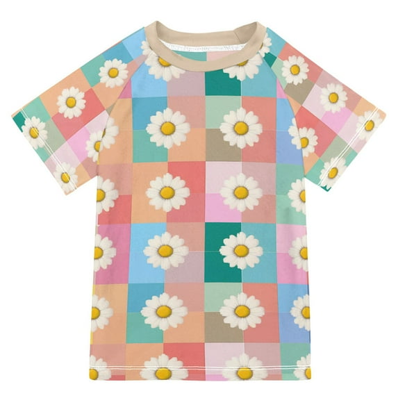 FORMRS Boys Rash Guard with Short Sleeves UPF 50+ Swim Shirts Sizes 3-12T, Pink Checkered Daisy