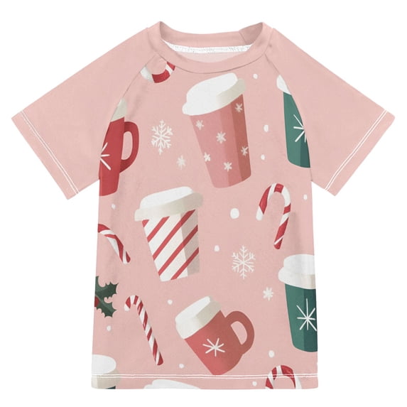 FORMRS Boys Rash Guard Short Sleeves Swim Shirt Quick Dry UPF 50+ Sun Protection, Sizes 3-12T, Pink Christmas Cups