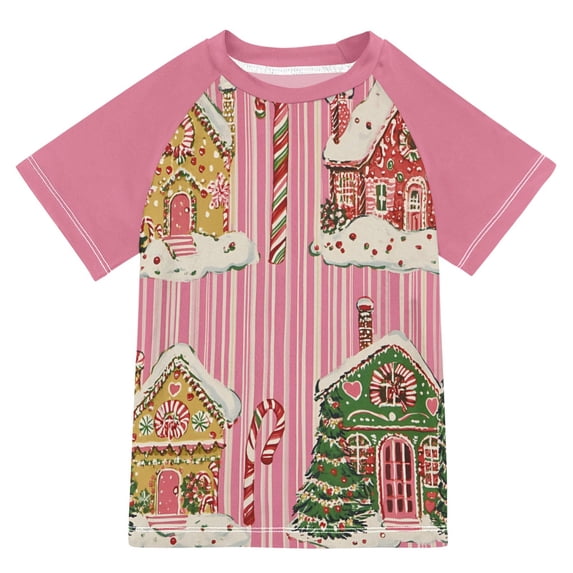 FORMRS Boys Rash Guard Short Sleeves Swim Shirt Quick Dry UPF 50+ Sun Protection, Sizes 3-12T, Pink Christmas House
