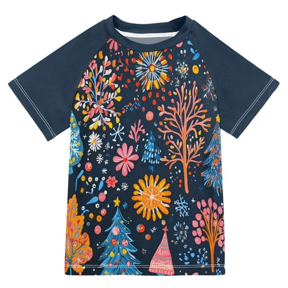 FORMRS Boys Rash Guard with Short Sleeves UPF 50+ Swim Shirts Sizes 3-12T, Pink Christmas Splendor