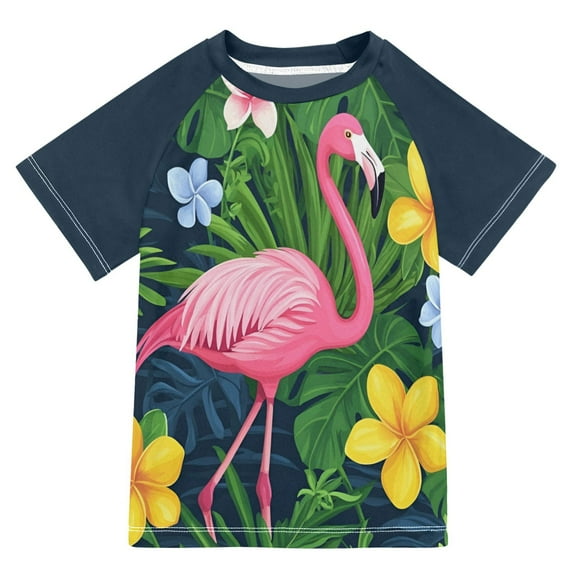FORMRS Boys Rash Guard Short Sleeves Swim Shirt Quick Dry UPF 50+ Sun Protection, Sizes 3-12T, Pink Flamingo Pattern
