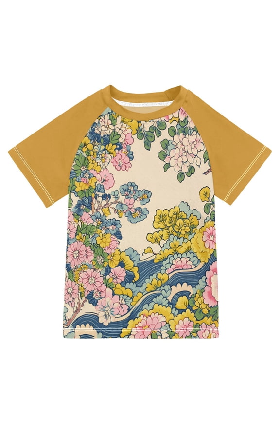 Boys Rash Guard Short Sleeves Swim Shirt Quick Dry UPF 50+ Sun Protection, Sizes 3-12T, Pink Floral Wave